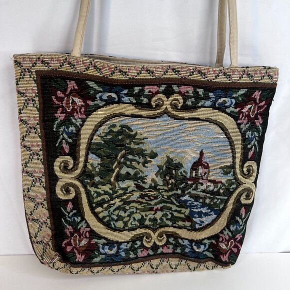 Tapestry Tote Bag Lightweight Top Zip Thin Boho Country Cottage Square - Picture 2 of 9